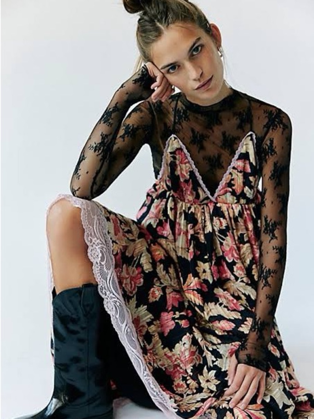 Free People Primmy Printed Midi Dress in Black Combo XS